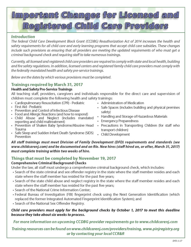 Child Care Resources Required Health and Safety Training for CCDBG