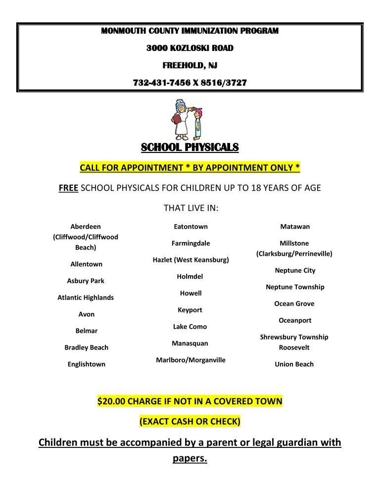 Child Care Resources Monmouth County Health Department School Physicals and Immunization Clinic